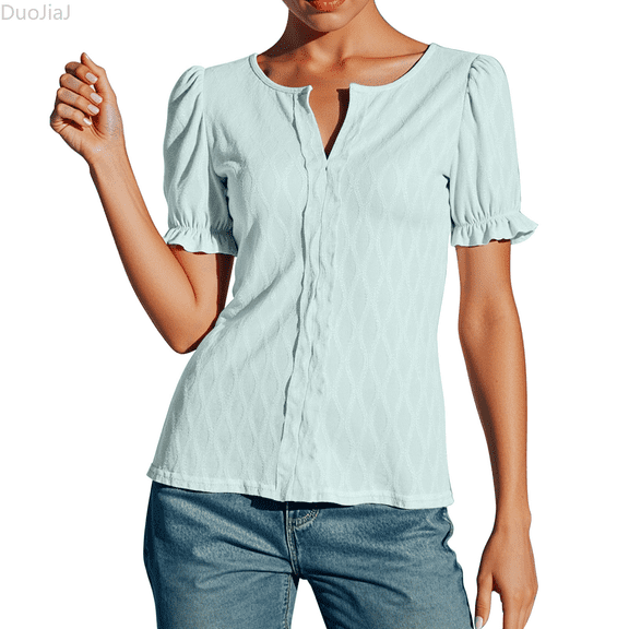 Duojiaj Women's Casual Loose Fit Short Sleeve T Shirt With Puff Sleeves And Jacquard Design For Spring Summer Fall Everyday Wear Vacation Womens T Shirts