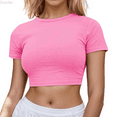 thumbnail image 1 of Duojiaj Women's Casual Short Sleeve Crop T Shirt Round Neck Basic Solid Top For Spring Summer Everyday Wear Women's T-Shirts, 1 of 3