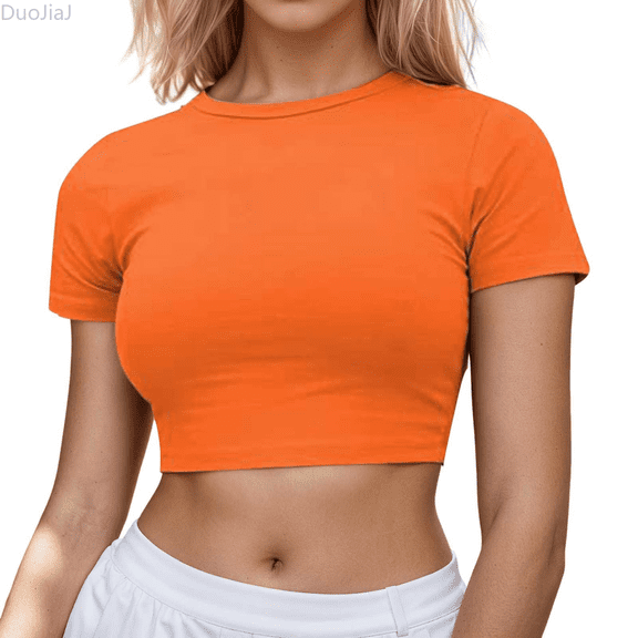 Duojiaj Women's Casual Short Sleeve Crop T Shirt Round Neck Basic Solid Top For Spring Summer Everyday Wear Women's T-Shirts