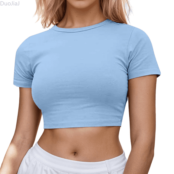 Duojiaj Women's Casual Short Sleeve Crop T Shirt Round Neck Basic Solid Top For Spring Summer Everyday Wear Women's T-Shirts