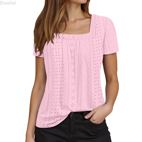Duojiaj Women's Casual Short Sleeve Square Neck T Shirt Summer Basic Tee For Daily Wear Vacation Outfit With Jeans Skirts Women's T-Shirts