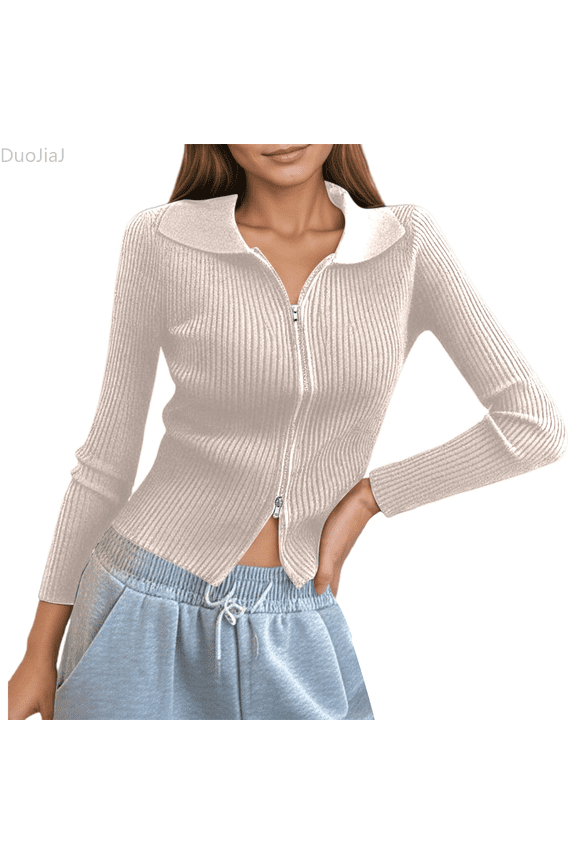 Women's Double Zip Ribbed Knit Cardigan Tight Fitting Crop Top With Collar Women's Blouses