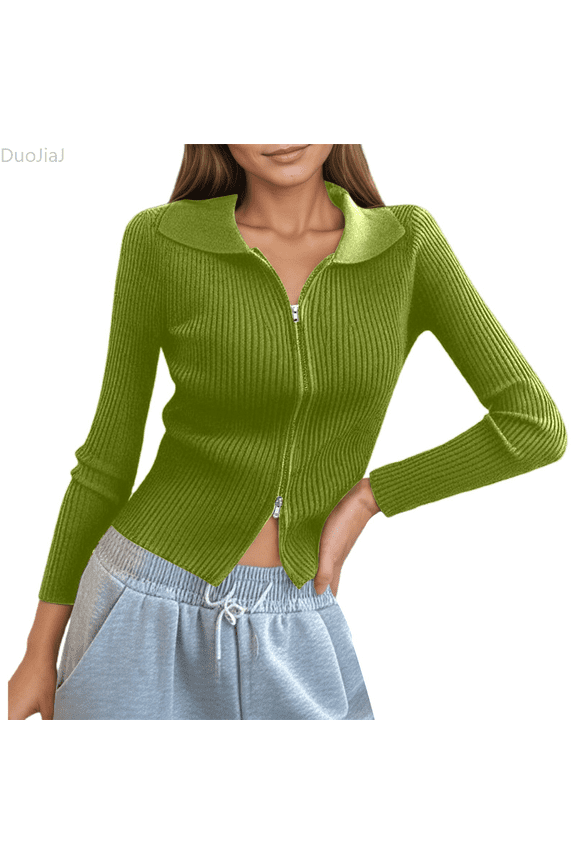 Women's Double Zip Ribbed Knit Cardigan Tight Fitting Crop Top With Collar Women's Blouses