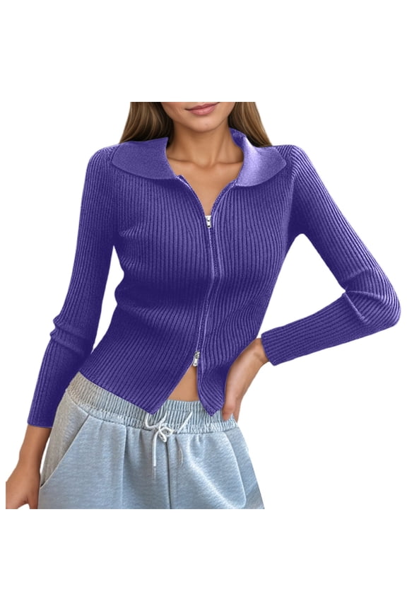 Women's Double Zip Ribbed Knit Cardigan Tight Fitting Crop Top With Collar Women's Blouses