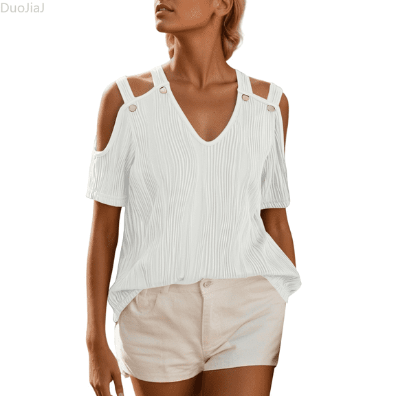 Duojiaj Women's Fashionable V Neck Off Shoulder Short Sleeve Top Stylish And Sexy Women's T-Shirts