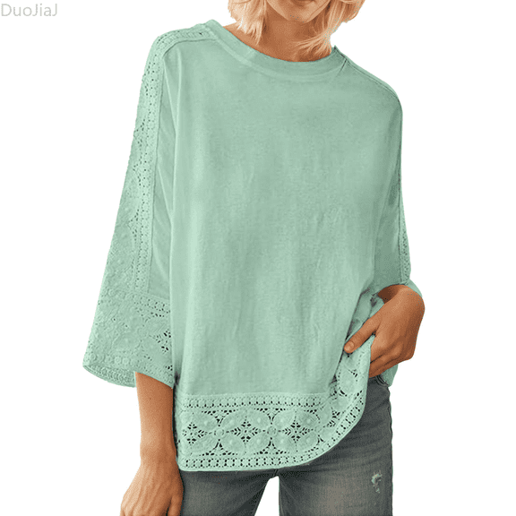 Duojiaj Women's Lace Short Sleeve Round Neck T Shirt Casual Outdoor Comfortable Blouse Top For Spring Summer Fall Womens T Shirts