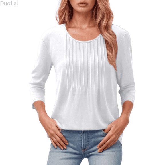 Duojiaj Women's Long Sleeve Fashion Casual Pleated Low Round Neck Top Women's Blouses