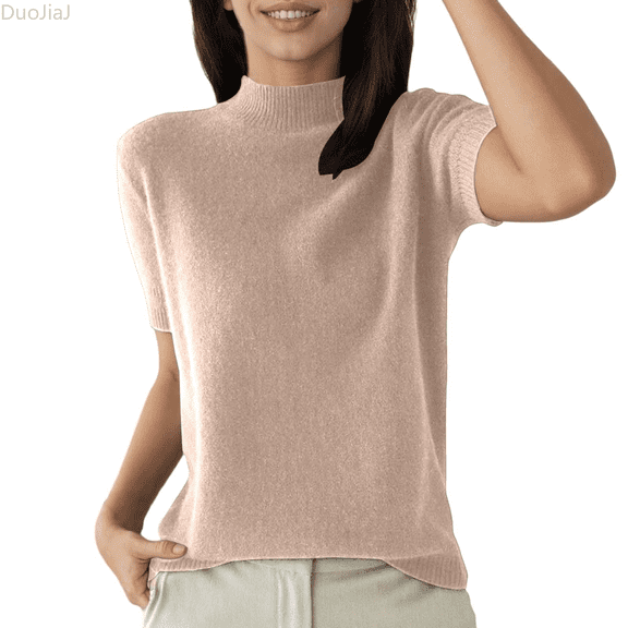 Duojiaj Women's Mock Neck Shirts, Short Sleeve Turtleneck Tops Casual Comfy T Shirts Stretch Fitting Trendy Tee Blouse