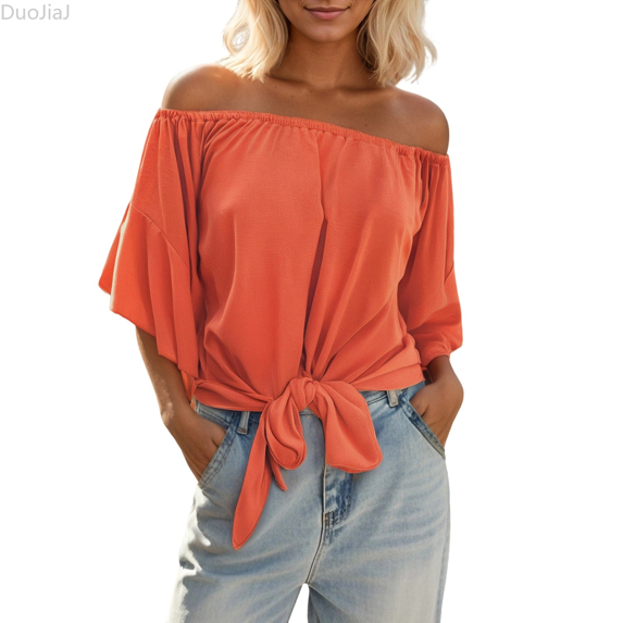 Duojiaj Women's Plus Size Solid Color Off Shoulder Short Sleeve Casual T Shirt Women's T-Shirts