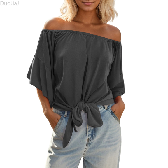 Duojiaj Women's Plus Size Solid Color Off Shoulder Short Sleeve Casual T Shirt Women's T-Shirts