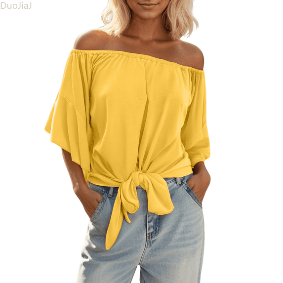 Duojiaj Women's Plus Size Solid Color Off Shoulder Short Sleeve Casual T Shirt Women's T-Shirts