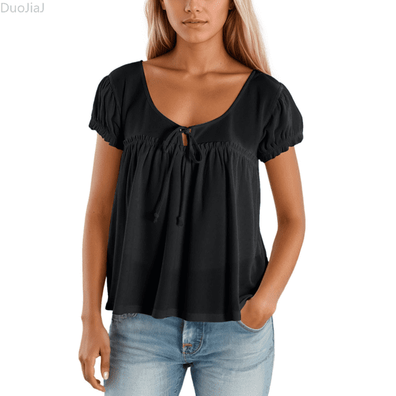 Duojiaj Women's Sexy Backless Tie Front T Shirt Casual Round Neck Summer Top Pure Color Daily Wear Blouse For Jeans And Pants Women Tops