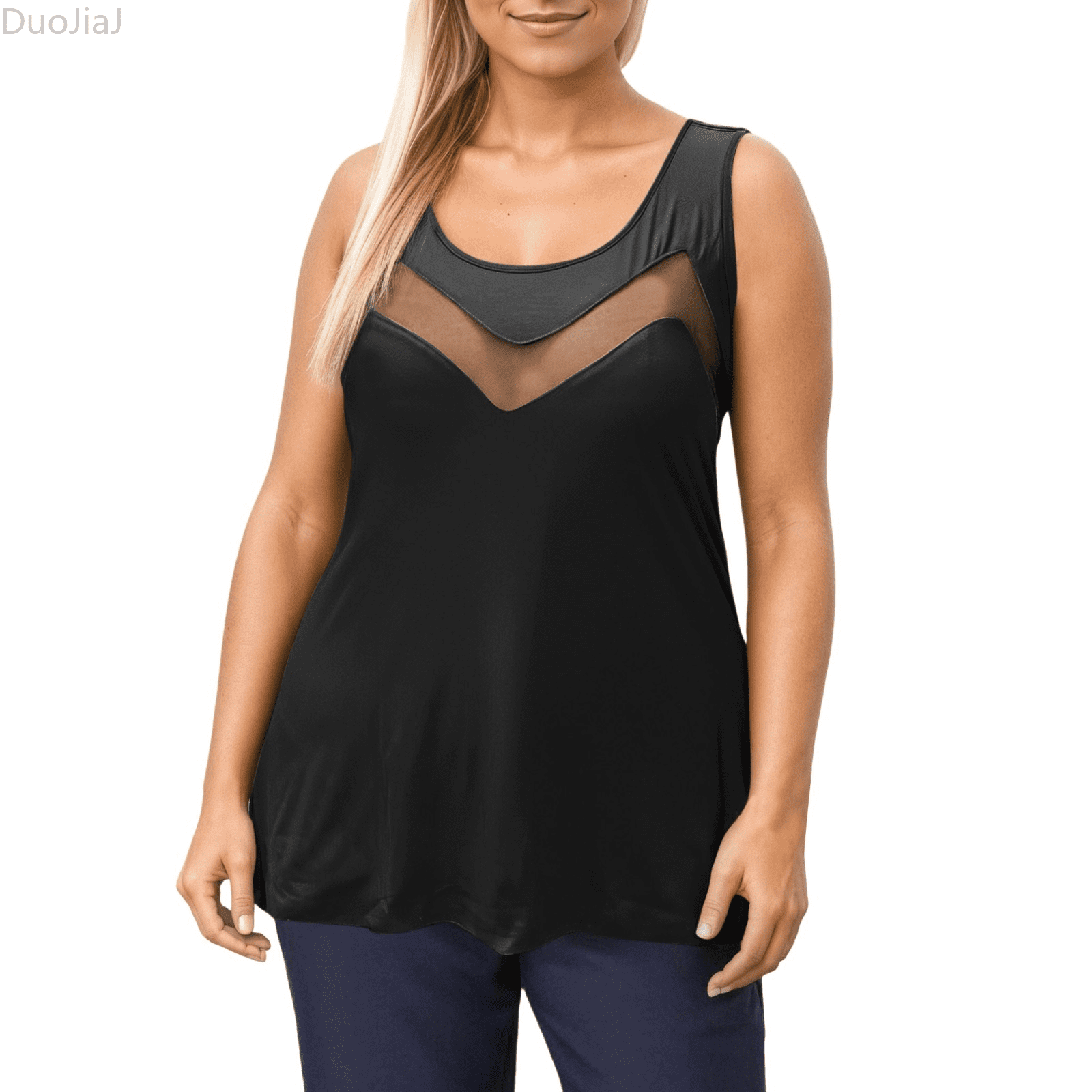 Mesh Inset Tops Duojiaj Women's Sleeveless Elegant Sheer Mesh Insert Casual Vest ...