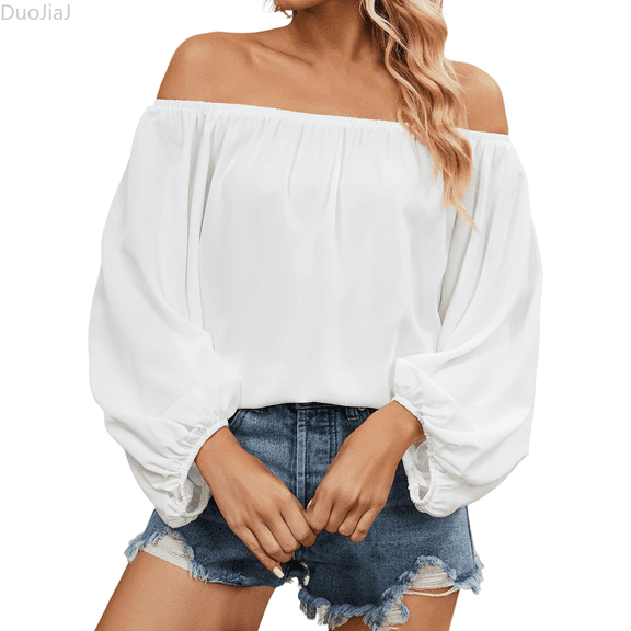 Duojiaj Women's Solid Color Boat Neck Chiffon Top Stylish And Comfortable Women Tops