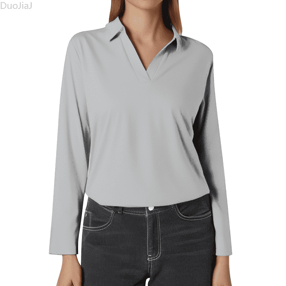 Duojiaj Women's Solid Color Long Sleeve Lapel V Neck Solid Color Top T Shirt Women's Blouses