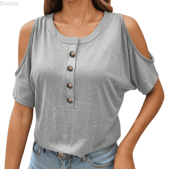 Duojiaj Women's Solid Color Shoulder Fashion Short Sleeve T Shirt Women's T-Shirts