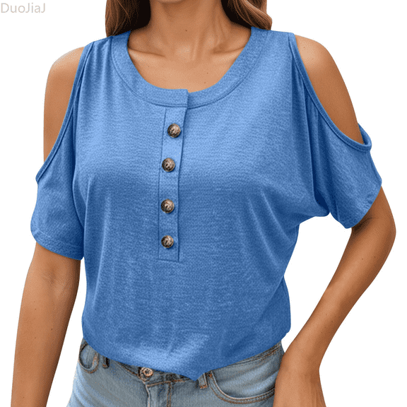 Duojiaj Women's Solid Color Shoulder Fashion Short Sleeve T Shirt Women's T-Shirts