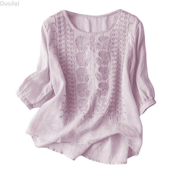 Duojiaj Women's Summer Floral Embroidered Tops Round Neck Long Sleeve Tunic Tops For Women Cotton Blouses Boho Loose Fit Tunic Shirts