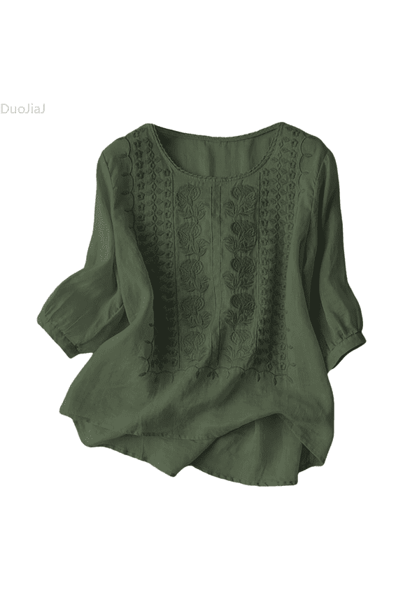 Women's Summer Floral Embroidered Tops Round Neck Long Sleeve Tunic Tops For Women Cotton Blouses Boho Loose Fit Tunic Shirts