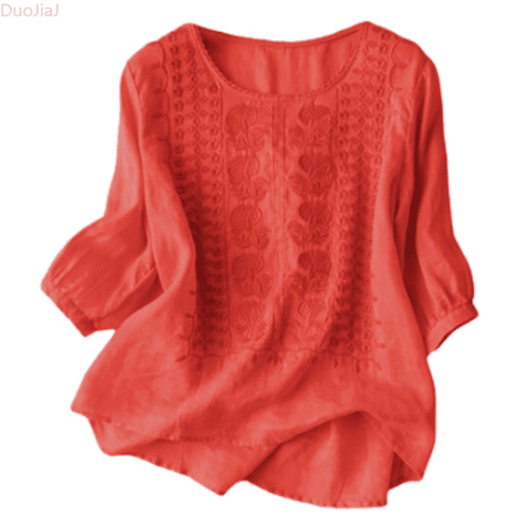 Duojiaj Women's Summer Floral Embroidered Tops Round Neck Long Sleeve Tunic Tops For Women Cotton Blouses Boho Loose Fit Tunic Shirts