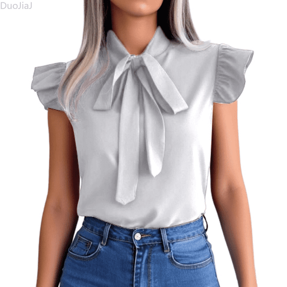 Duojiaj Women's Summer Solid Color Ruffle Collar Bow Short Sleeve Shirt Women's T-Shirts