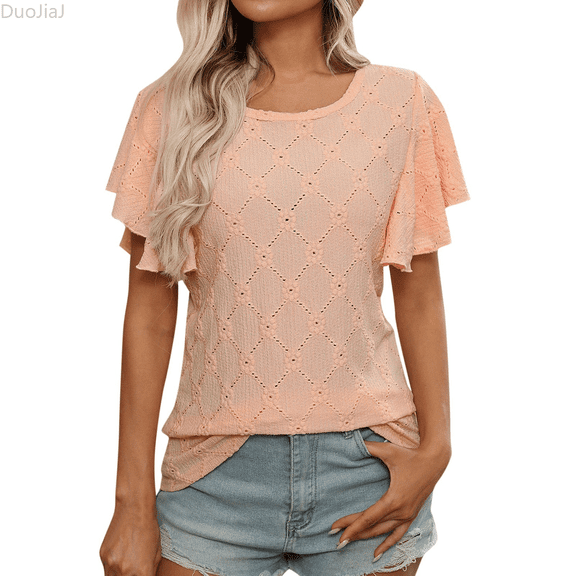 Duojiaj Women's Summer T Shirt With Floral Cutout And Ruffle Sleeves For Casual Wear Womens Summer Clothes