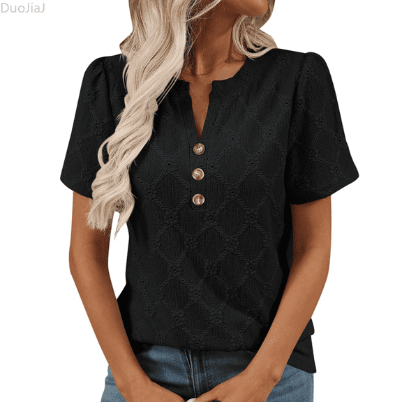 Duojiaj Women's V Neck Button Down T Shirt Casual Comfortable Summer Top For Home Outdoor Wear With Jeans Women's T-Shirts