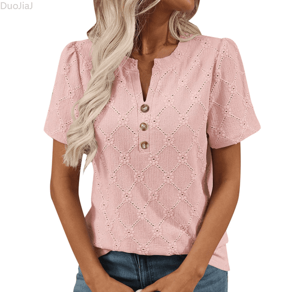 Duojiaj Women's V Neck Button Down T Shirt Casual Comfortable Summer Top For Home Outdoor Wear With Jeans Women's T-Shirts