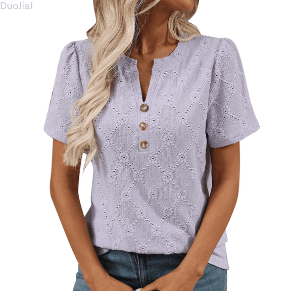 Duojiaj Women's V Neck Button Down T Shirt Casual Comfortable Summer Top For Home Outdoor Wear With Jeans Women's T-Shirts