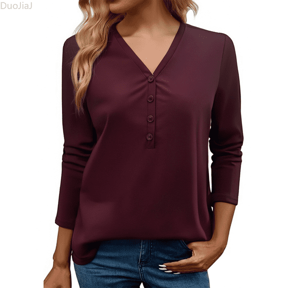 Duojiaj Women's V Neck Long Sleeve T Shirt Casual Vacation Blouse Button Down Pure Color Basic Top For Spring Fall Women's Blouses