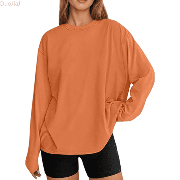 Duojiaj Womens Oversized Long Sleeve T Shirts 2026 Basic Crewneck Tee Fall Tops Casual Workout Y2K Clothes