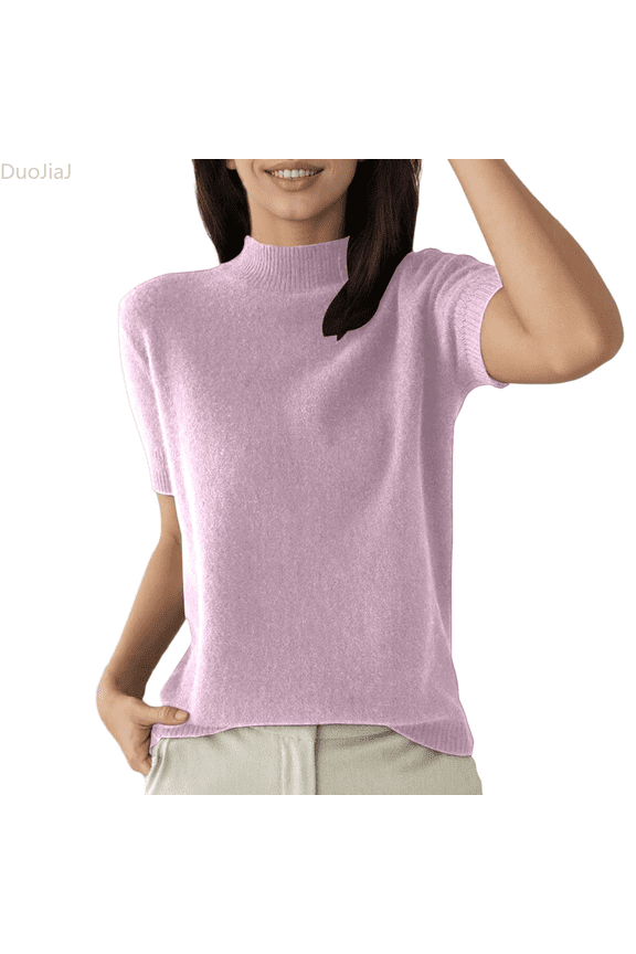 Womens Short Sleeve Sweater Neck Summer Casual Basic Knit Slim Fitted Pullover Tops Shirt