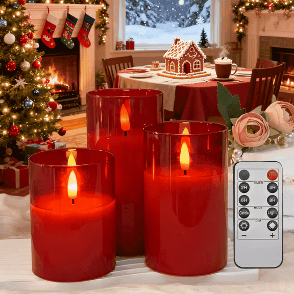 Goyuon Duoli 3 Pack,Red Flameless LED Candles, Remote Control, Timer, Smokeless, 3"D x 4/5/6"H