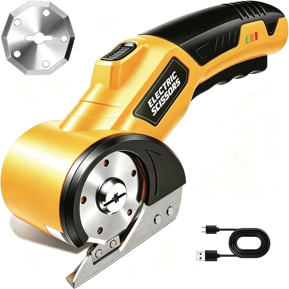 Duomigo Cordless Electric Scissors, Max 4.2V Rechargeable Fabric & Leather Cutter, 320RPM Power, 1/4" Cutting Capacity, Lightweight 0.9lb, Type-C Charging, 2 SK5 Blades,Yellow