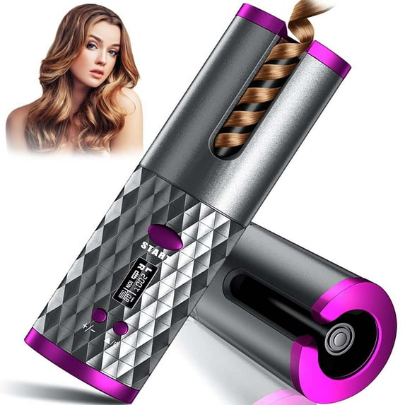 Duomishu Curling Iron USB Cordless Automatic Hair Curler Portable Ceramic Barrel 6 Temp Timer Curling Wand