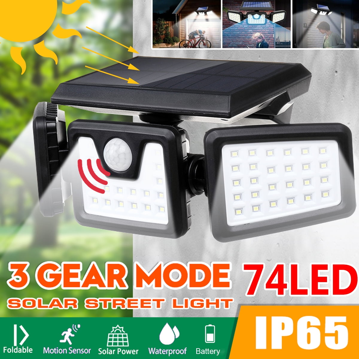 Duomishu Solar Wall Lamp 74LED Solar Motion Sensor Lights Outdoor Waterproof Wireless Security Flood Light