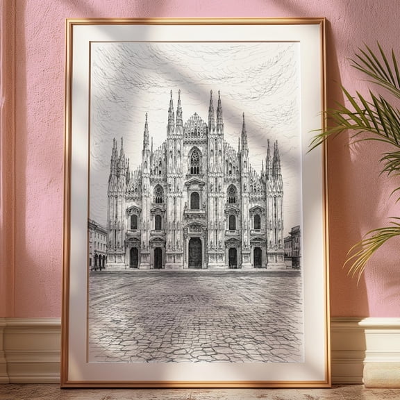 Duomo di Milano Poster, Italy Wall Art, Gothic Architecture Poster, Black & White City Print 8x10 UNFRAMED