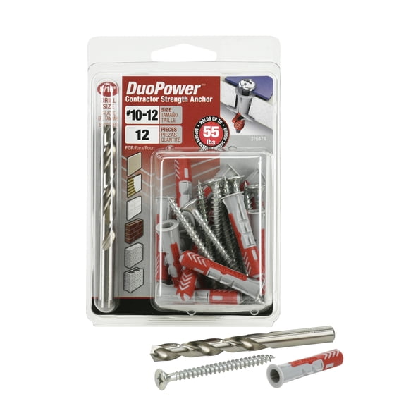 DuoPower Contractor-Strength Nylon Anchors, #10-12, Nylon, 45 lb., Red, 12 pack