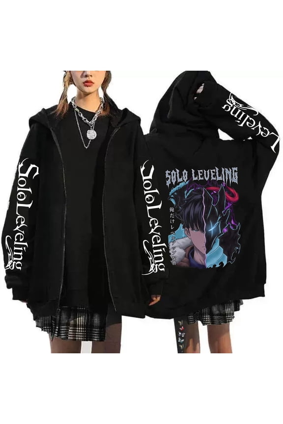 Anime Solo Leveling I Level Up Alone Zipper Sweatshirt Plus Fleece Pullover Hooded Long Sleeve Shirt Unisex Street Style