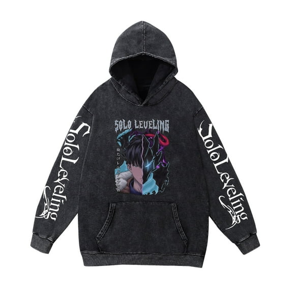 Duoxingbao  Anime Solo Leveling I Level Up Sweatshirt Washed Vintage Pure Cotton Comfortable Soft Unisex Street Style