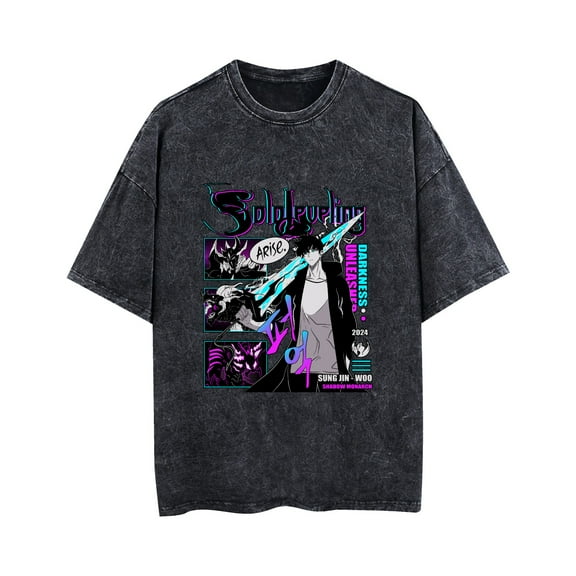 Duoxingbao Anime Solo Leveling I upgrade alone T-shirt washed vintage pure cotton breathable men and women street style