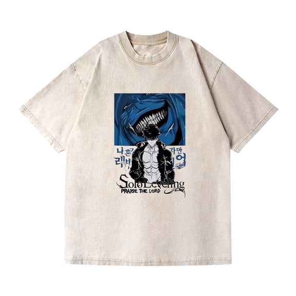 Duoxingbao  Anime Solo Leveling New Washed Distressed Retro Short-Sleeve T-Shirt American Style Pure Cotton