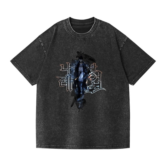 Duoxingbao  Anime Solo Leveling New Washed Distressed Retro Short-Sleeve T-Shirt American Style Pure Cotton