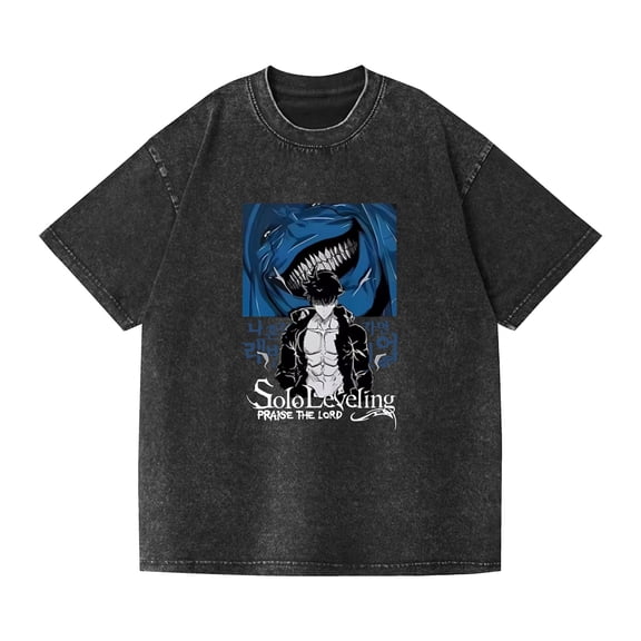 Duoxingbao  Anime Solo Leveling New Washed Distressed Retro Short-Sleeve T-Shirt American Style Pure Cotton