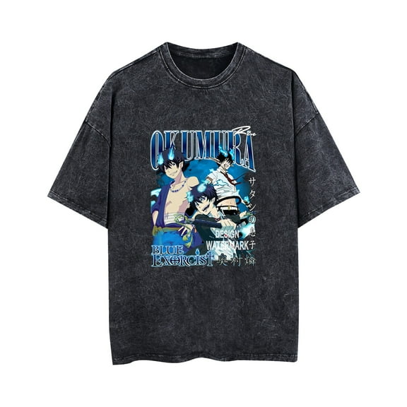 Duoxingbao  Blue Exorcist Okumura Rin washed vintage T-shirt pure cotton breathable summer unisex