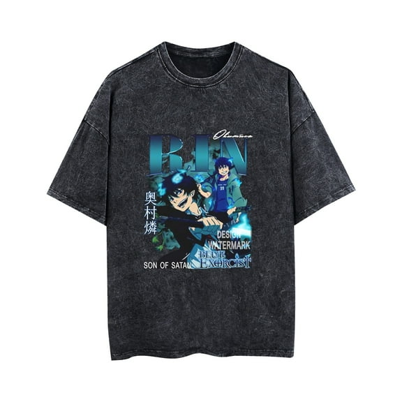 Duoxingbao  Blue Exorcist Okumura Rin washed vintage T-shirt pure cotton breathable summer unisex