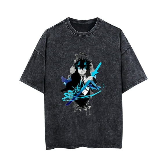Duoxingbao Blue Exorcist Okumura Rin washed vintage T-shirt pure cotton breathable summer unisex