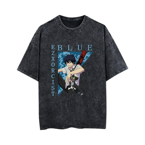 Duoxingbao  Blue Exorcist Okumura Rin washed vintage T-shirt pure cotton breathable summer unisex