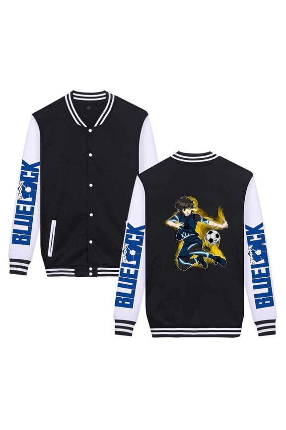 Blue lock anime cardigan baseball jacket, casual loose fit, unisex single-breasted printed street style coat.