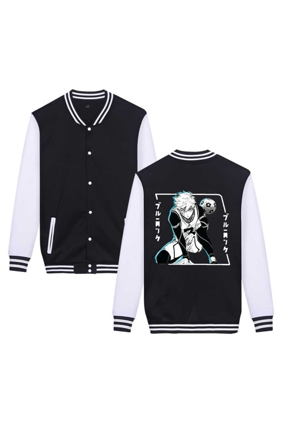 Blue lock anime cardigan baseball jacket, casual loose fit, unisex single-breasted printed street style coat.